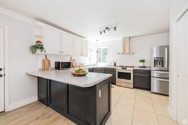 12138 S Willmar Cir, Riverton, UT 84065 - kitchen featuring stainless steel appliances, wall chimney range hood, a peninsula, open shelves, and light countertops