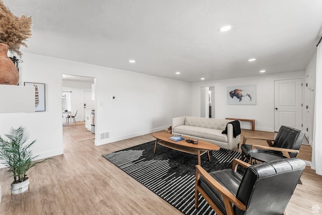 living room featuring a textured ceiling and light wood-type flooring
