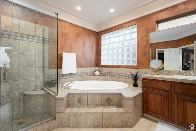 bathroom with vanity, tile patterned floors, and independent shower and bath