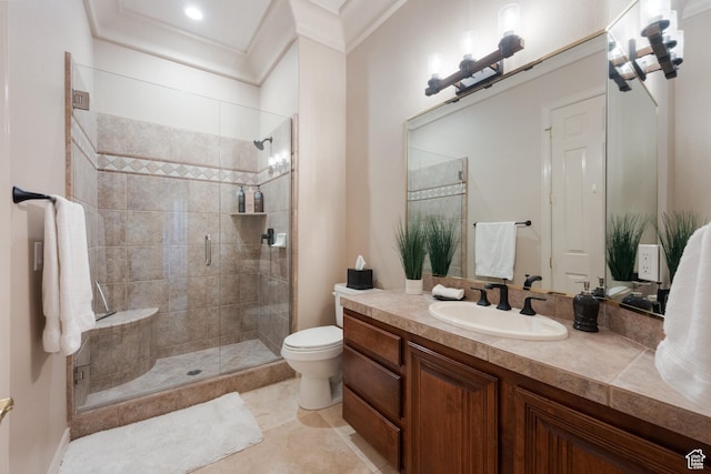bathroom featuring tile patterned flooring, vanity, an enclosed shower, ornamental molding, and toilet