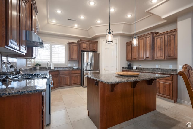 kitchen with extractor fan, a tray ceiling, stainless steel appliances, and a center island