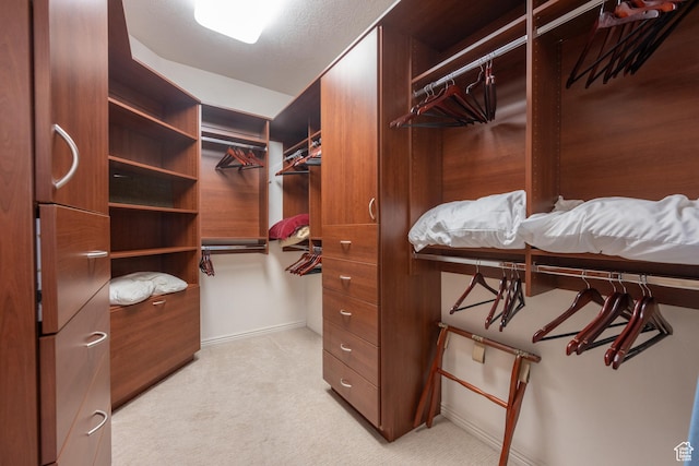 spacious closet featuring light carpet