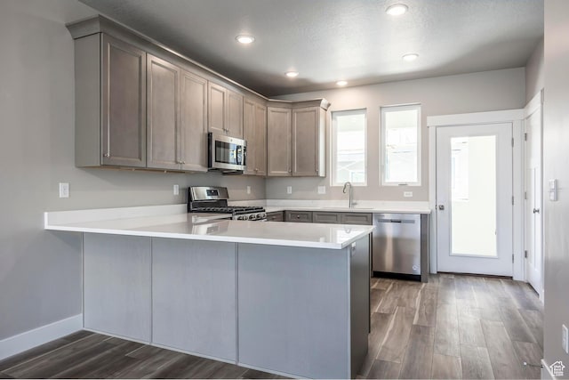 kitchen featuring stainless steel appliances, sink, dark hardwood / wood-style flooring, and kitchen peninsula