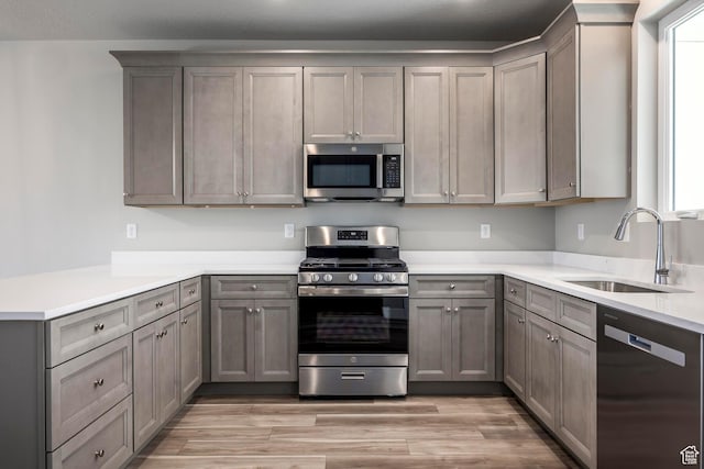 kitchen featuring sink, gray cabinets, appliances with stainless steel finishes, kitchen peninsula, and light wood-type flooring