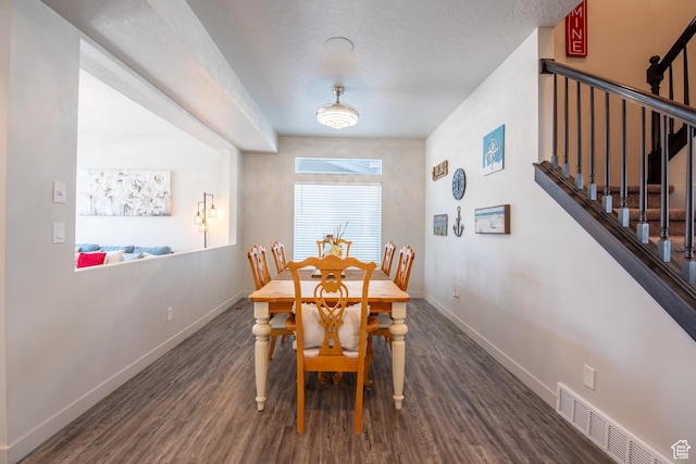 324 S Hayes Well Ln, Saratoga Springs, UT 84045 - dining room featuring a textured ceiling, visible vents, baseboards, wood finished floors, and stairway