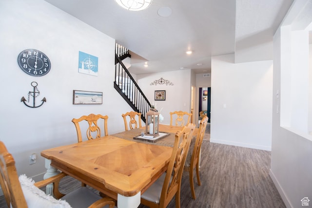 324 S Hayes Well Ln, Saratoga Springs, UT 84045 - dining room with stairs, wood finished floors, baseboards, visible vents, and recessed lighting