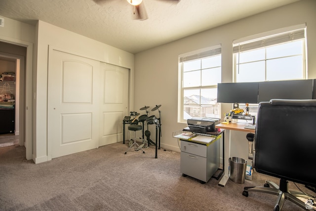 324 S Hayes Well Ln, Saratoga Springs, UT 84045 - carpeted home office featuring a textured ceiling, visible vents, baseboards, and a ceiling fan