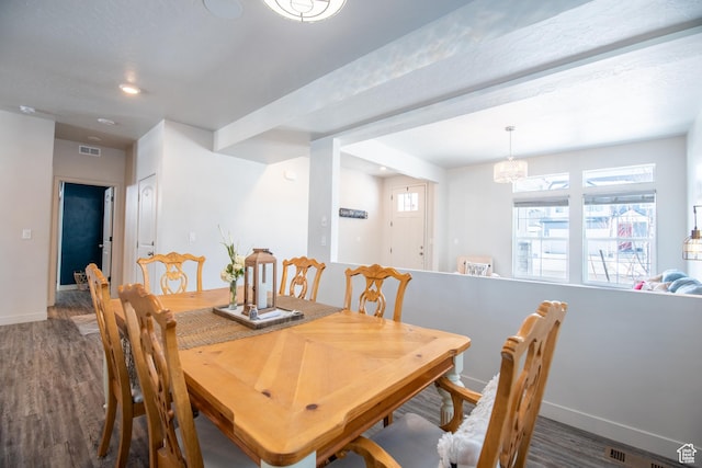 324 S Hayes Well Ln, Saratoga Springs, UT 84045 - dining area with visible vents, baseboards, a chandelier, and wood finished floors