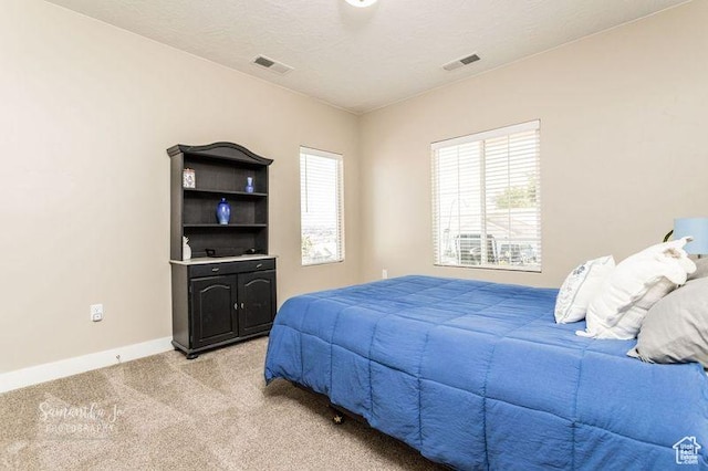 bedroom featuring light colored carpet and a textured ceiling