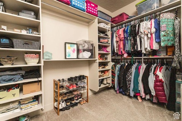 walk in closet featuring light carpet