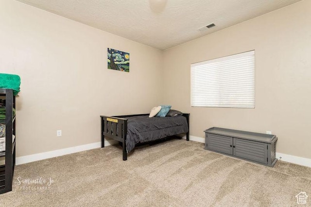 carpeted bedroom with a textured ceiling