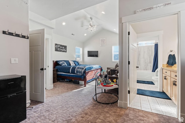 6007 W 8000 S, Payson, UT 84651 - bedroom with light tile patterned floors, light colored carpet, lofted ceiling, ensuite bathroom, and recessed lighting