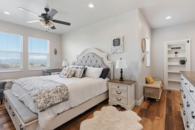 6007 W 8000 S, Payson, UT 84651 - bedroom featuring ceiling fan, baseboards, dark wood-type flooring, and recessed lighting