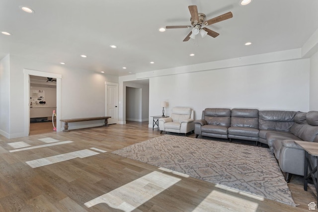 6007 W 8000 S, Payson, UT 84651 - living room with ceiling fan, baseboards, light wood-style flooring, and recessed lighting