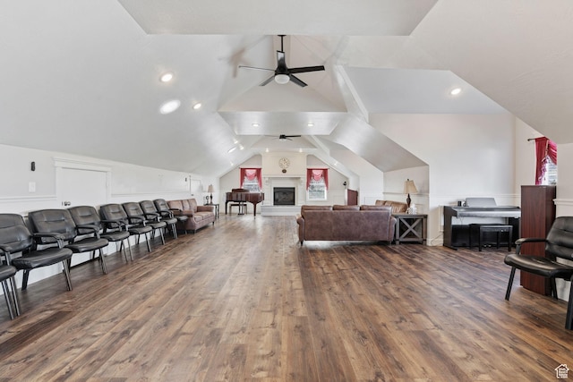 6007 W 8000 S, Payson, UT 84651 - bedroom featuring vaulted ceiling, a fireplace with raised hearth, and dark wood-style floors