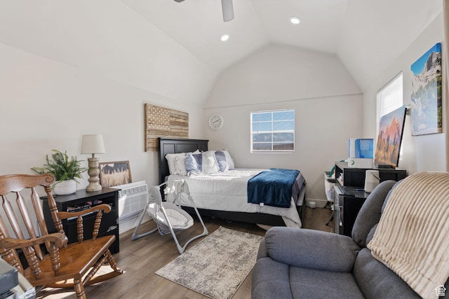6007 W 8000 S, Payson, UT 84651 - bedroom with ceiling fan, recessed lighting, wood finished floors, vaulted ceiling, and a wall mounted AC
