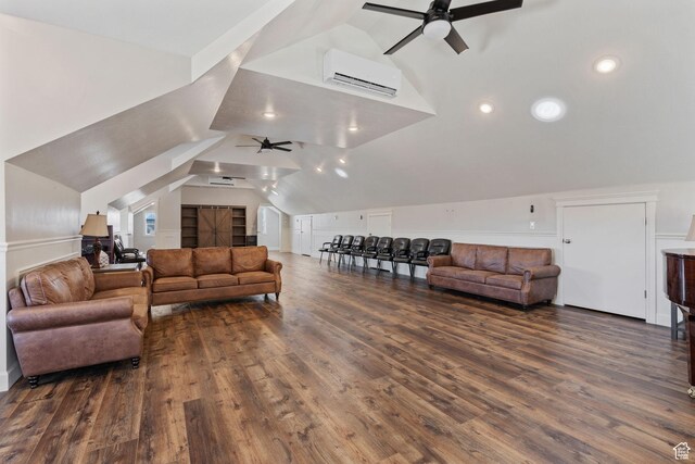 6007 W 8000 S, Payson, UT 84651 - living room featuring lofted ceiling, dark wood-type flooring, a ceiling fan, and a wall mounted AC