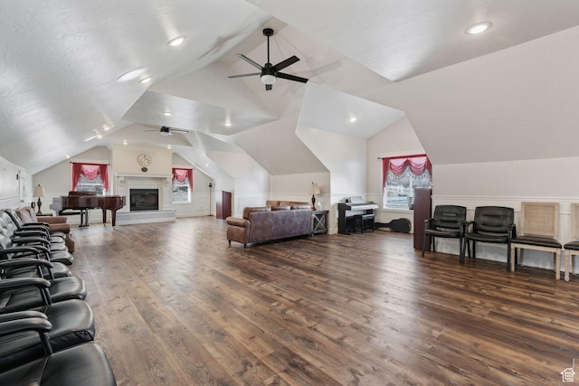 6007 W 8000 S, Payson, UT 84651 - bedroom featuring lofted ceiling, dark wood-style floors, and a fireplace with raised hearth