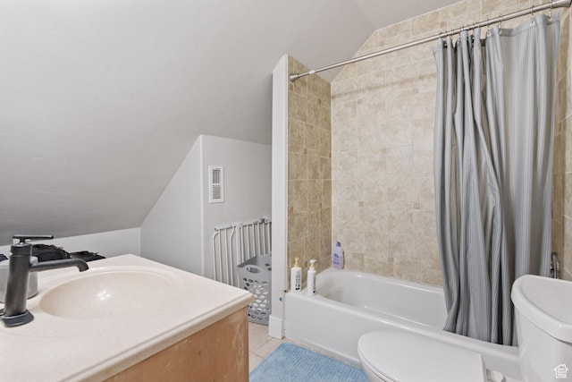 6007 W 8000 S, Payson, UT 84651 - bathroom with shower / tub combo with curtain, visible vents, vaulted ceiling, a sink, and tile patterned floors