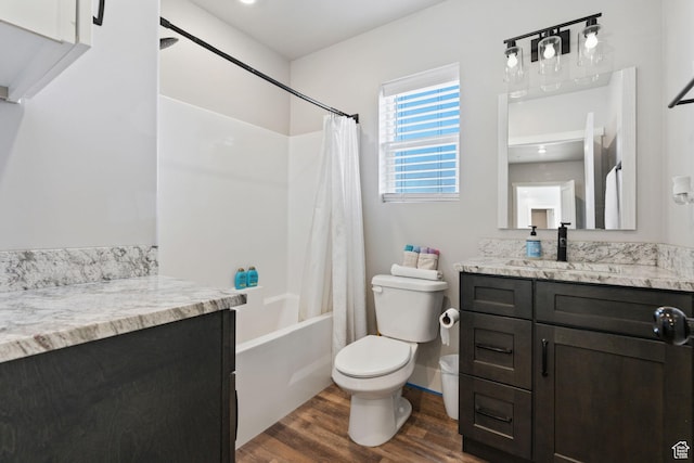 6007 W 8000 S, Payson, UT 84651 - bathroom featuring toilet, shower / bath combo with shower curtain, wood finished floors, and vanity