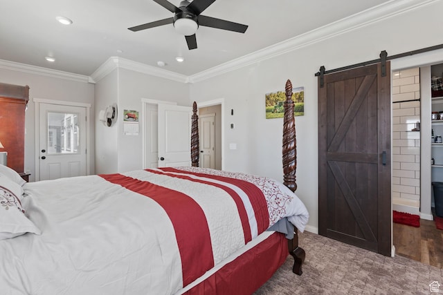6007 W 8000 S, Payson, UT 84651 - bedroom featuring a barn door, baseboards, a ceiling fan, ornamental molding, and recessed lighting