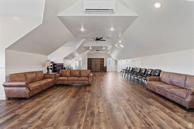 6007 W 8000 S, Payson, UT 84651 - living room featuring dark wood-style floors, ceiling fan, a wall mounted AC, and lofted ceiling