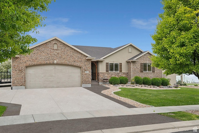116 E Sandpiper Ln S, Saratoga Springs, UT 84045 - ranch-style house featuring stucco siding, driveway, a front lawn, an attached garage, and roof with shingles