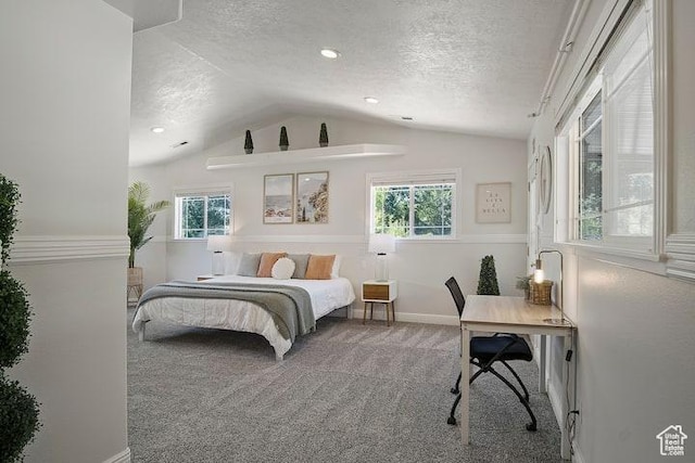 bedroom with multiple windows, carpet, lofted ceiling, and a textured ceiling