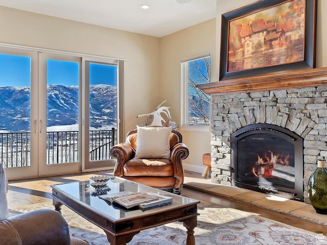 living room with a stone fireplace, a mountain view, and light hardwood / wood-style flooring