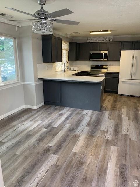 667 N 340 W, Orem, UT 84057 - kitchen featuring stainless steel appliances, a ceiling fan, a peninsula, light countertops, and baseboards