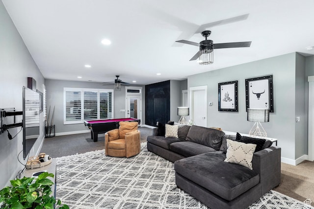 2305 E 3350 S, St George, UT 84790 - carpeted living area featuring baseboards, a ceiling fan, pool table, and recessed lighting
