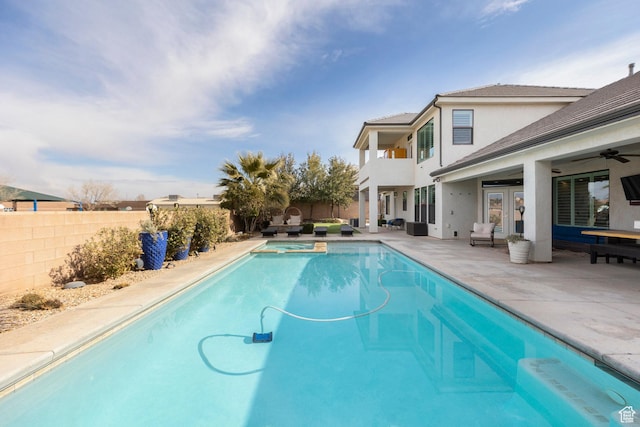 2305 E 3350 S, St George, UT 84790 - view of pool with french doors, a fenced backyard, a patio area, a ceiling fan, and a pool with connected hot tub