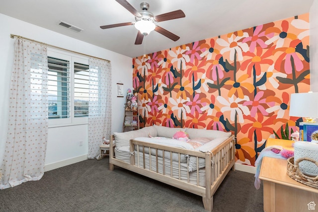 2305 E 3350 S, St George, UT 84790 - carpeted bedroom with an accent wall, wallpapered walls, ceiling fan, baseboards, and visible vents