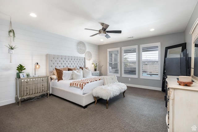 2305 E 3350 S, St George, UT 84790 - bedroom with visible vents, baseboards, recessed lighting, a ceiling fan, and dark carpet