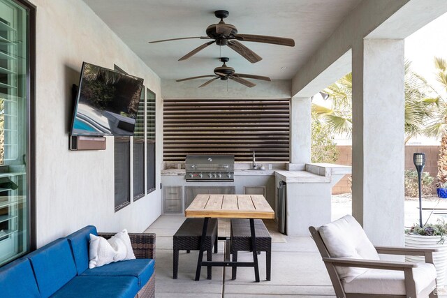 2305 E 3350 S, St George, UT 84790 - view of patio / terrace featuring outdoor lounge area, a ceiling fan, a sink, an outdoor kitchen, and area for grilling