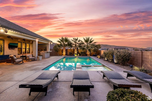2305 E 3350 S, St George, UT 84790 - view of pool with an outdoor living space, a ceiling fan, a fenced backyard, a patio, and a pool with connected hot tub