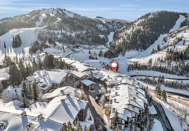 snowy aerial view with a mountain view