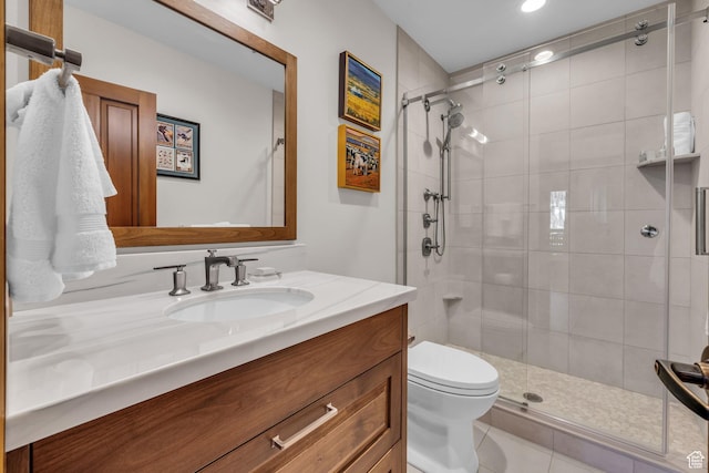 7700 Stein Way Unit 215, Park City, UT 84060 - bathroom with vanity, tile patterned floors, toilet, and walk in shower