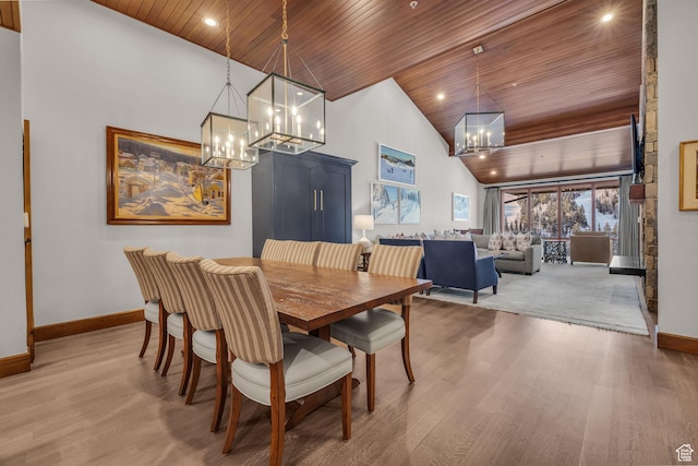 7700 Stein Way Unit 215, Park City, UT 84060 - dining space with light hardwood / wood-style floors, a chandelier, high vaulted ceiling, and wooden ceiling