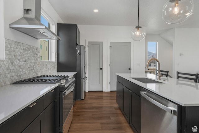 474 E Alice Way, Layton, UT 84041 - kitchen featuring sink, appliances with stainless steel finishes, hanging light fixtures, dark hardwood / wood-style floors, and exhaust hood