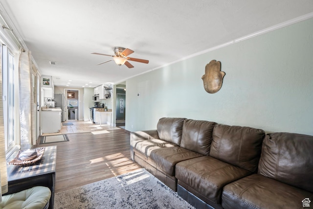 living room featuring crown molding, ceiling fan, and light wood-type flooring