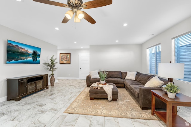 3727 S Larkspur Cir, Saratoga Springs, UT 84045 - living room with baseboards, marble finish floor, recessed lighting, and a ceiling fan