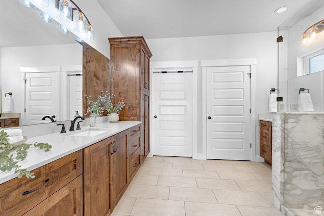 3727 S Larkspur Cir, Saratoga Springs, UT 84045 - bathroom featuring a shower, tile patterned flooring, and vanity