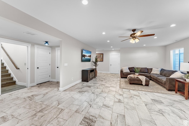 3727 S Larkspur Cir, Saratoga Springs, UT 84045 - living room featuring visible vents, baseboards, stairs, ceiling fan, and recessed lighting