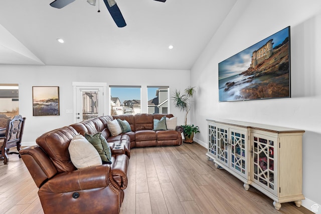 3727 S Larkspur Cir, Saratoga Springs, UT 84045 - living area with a ceiling fan, lofted ceiling, light wood-type flooring, baseboards, and recessed lighting