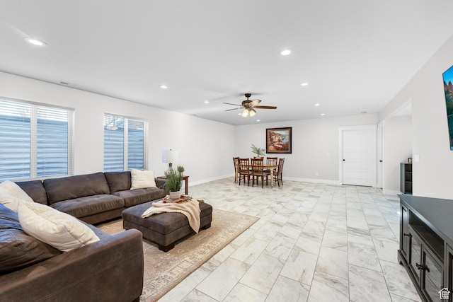 3727 S Larkspur Cir, Saratoga Springs, UT 84045 - living room with a ceiling fan, marble finish floor, baseboards, visible vents, and recessed lighting