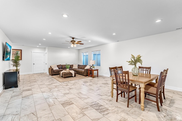 3727 S Larkspur Cir, Saratoga Springs, UT 84045 - dining space featuring marble finish floor, a ceiling fan, and recessed lighting