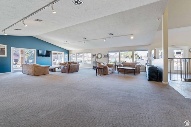 unfurnished living room featuring vaulted ceiling, rail lighting, carpet flooring, and a textured ceiling