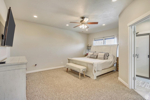 bedroom with recessed lighting, baseboards, a ceiling fan, and light carpet
