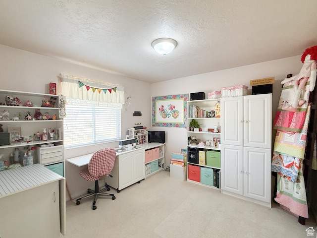 carpeted home office with a textured ceiling